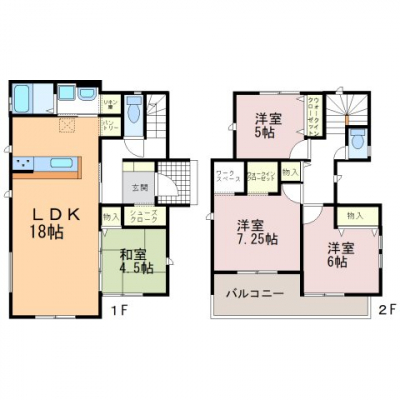 �@�Ԏ��}�ł��B1�K�͍L�X18��LDK��4.5���̘a���t���B2�K�͗m��3�����őS�������[�����A7.25���m���ɂ̓��[�N�X�y�[�X���t���Ă��܂��B