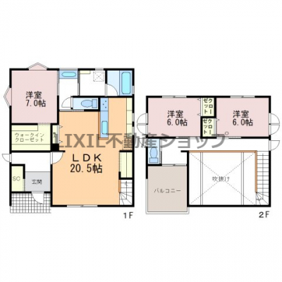 �@�y�Ԏ��}�z1�����@�Ԏ��}�ł��B1�K�͍L�X20.5��LDK��WIC�t����7���m����1�K�Ő����������ł���Ԏ��ɂȂ��Ă��܂��B2�K�͗m��2�����ƍL�߂̃C���i�[�o���R�j�[�t���ł��B