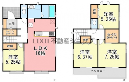 �@�y�Ԏ��}�zB�����Ԏ��}�ł��B1�K��LDK+�m��������21.25���L�X��ԁB���ւɂ̓V���[�Y�C���N���[�N�t���ł��B2�K�͗m��3�����S�����[�����B�֗��ȃ����O�o���R�j�[�ɂȂ��Ă��܂��B