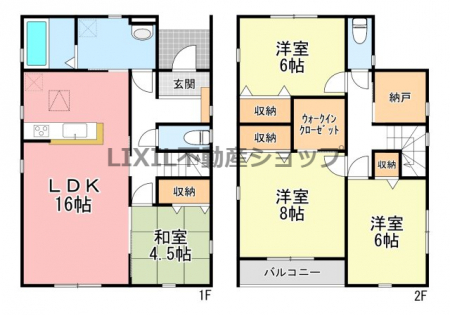 �@�y�Ԏ��}�z2�����@�Ԏ��}�ł��B1�K�a���t����4SLDK�̂��ƁB�S�������[�����̂ق��A2�K�ɂ͔[�˃X�y�[�X������܂��B