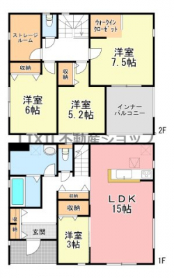 �@�y�Ԏ��}�z2�����@�Ԏ��}�ł��B1�K��LDK+3���̗m���B2�K�͗m��3�����ƃX�g���[�W���[���t���B�L�߂̃C���i�[�o���R�j�[�t���ł��B